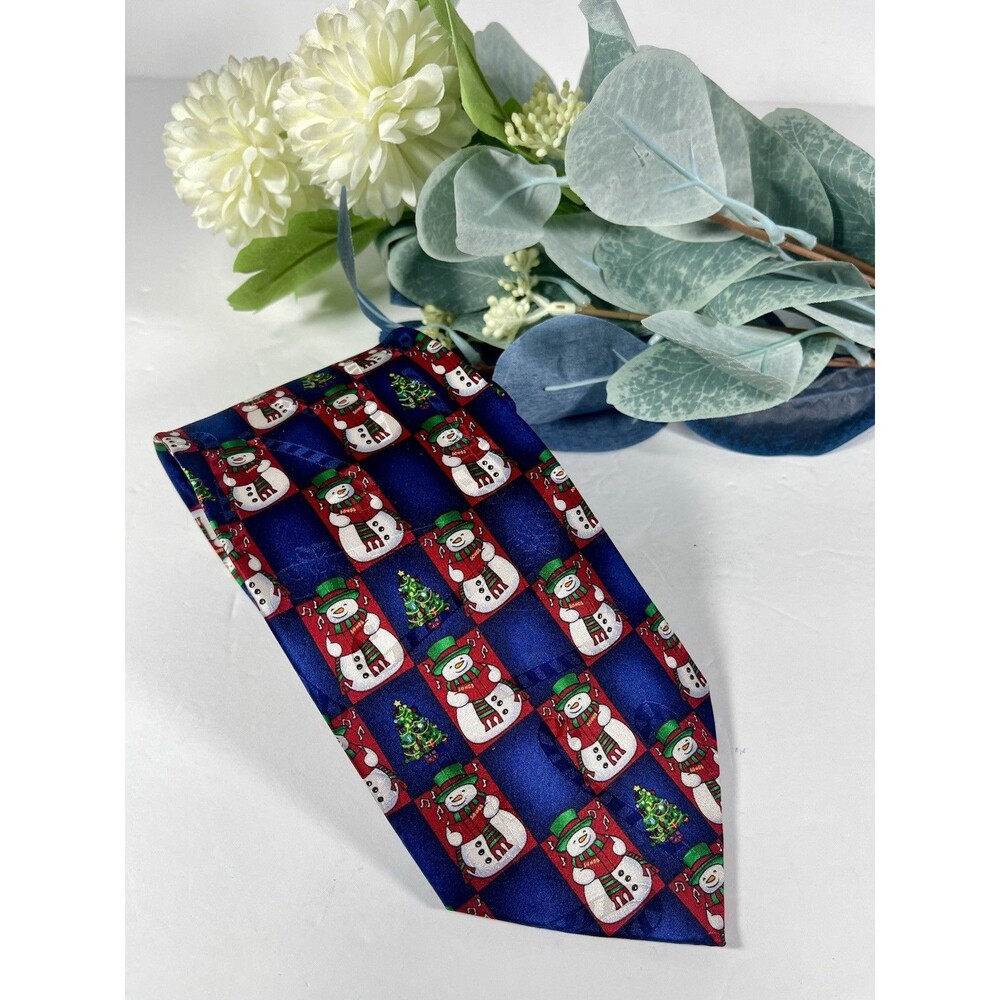 Hallmark Yule Tie Greetings Silk Men's Necktie Snowman Christmas Holiday Nav